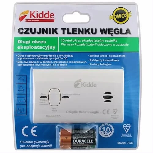 Opakowanie zawiera czujnik tlenku węgla Kidde model 7CO oraz baterie Duracell. Czujnik Kidde 7CO ma długi okres eksploatacyjny i jest przeznaczony do wykrywania obecności tlenku węgla.