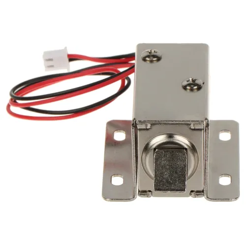 Na zdjęciu znajduje się metalowy elektromagnes z dwoma otworami montażowymi po bokach oraz przewodami zakończonymi białą wtyczką. Urządzenie ma prostokątny kształt i jest wykonane z błyszczącego metalu.