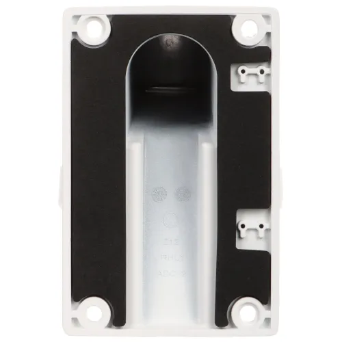 Prostokątna, metalowa obudowa z otworami montażowymi i czarną wyściółką wewnętrzną. Widoczne są oznaczenia techniczne na powierzchni wewnętrznej.