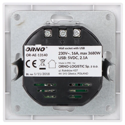 Vieno lizdo kištukas su USB maitinimo šaltiniu OR-AE-13140 230V 16A ORNO