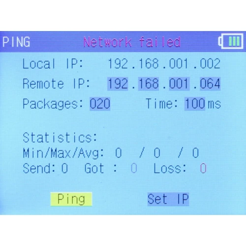 Ekran urządzenia pokazuje komunikat "Network failed" z informacjami o lokalnym i zdalnym adresie IP, liczbie pakietów oraz czasie odpowiedzi. Na dole ekranu znajdują się przyciski "Ping" i "Set IP".