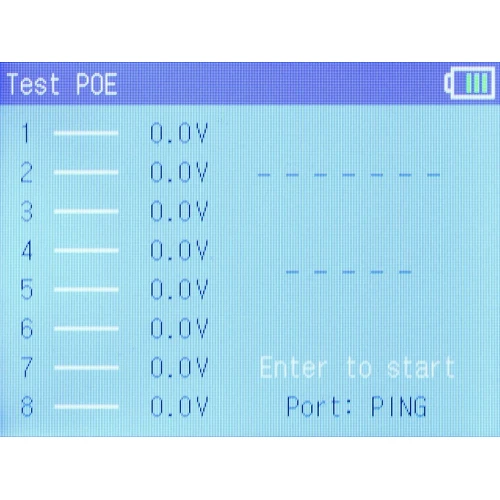 Ekran testera POE pokazuje osiem portów z napięciem 0.0V oraz komunikat "Enter to start" i "Port: PING". Wyświetlacz jest niebieski z białymi napisami i ikoną baterii w prawym górnym rogu.