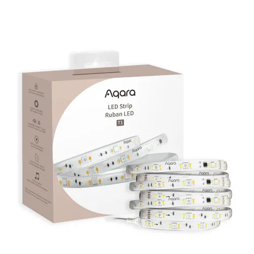 Na zdjęciu znajduje się opakowanie produktu Aqara LED Strip T1 oraz zwinięty pasek LED. Opakowanie jest w kolorze białym z brązowymi akcentami i zawiera zdjęcie paska LED oraz logo marki.