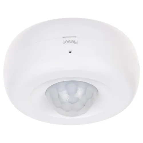 Biała, okrągła bezprzewodowa czujka PIR z widocznym przyciskiem resetu na górze. Czujka posiada wypukły, półprzezroczysty element detekcyjny w kształcie kopuły.