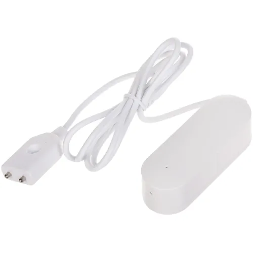 Bezprzewodowa czujka zalania wodą ATLO HD1 z białym przewodem i czujnikiem. Urządzenie ma kompaktowy, prostokątny kształt i jest przeznaczone do wykrywania wycieków wody.