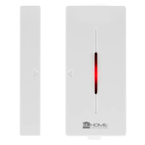 Bezprzewodowy system alarmowy EL Home WAS-90H1 składający się z białej bramki WiFi i dwóch czujników. Na jednym z elementów widoczna jest czerwona dioda oraz logo EL Home.