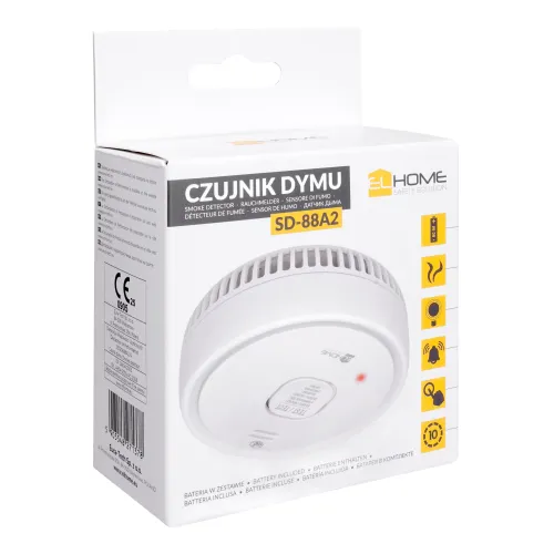 Czujnik dymu EL HOME SD-88A2 - bateryjny 9V DC, czujnik fotooptyczny, żywotność sensora 10 lat