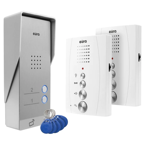 EURA ADP-62A3 Domofonas - baltas, dviejų šeimų, garsiakalbis, 2 įėjimų palaikymas, RFID skaitytuvas