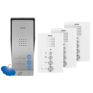 EURA ADP-63A3 Domofonas - baltas, trijų šeimų, garsiakalbis, 2 įėjimų valdymas, RFID skaitytuvas