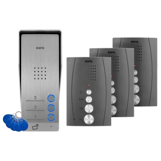 Domofonas EURA ADP-63A3 - grafitinis, trijų šeimų, garsiakalbis, palaiko 2 įėjimus, RFID skaitytuvas