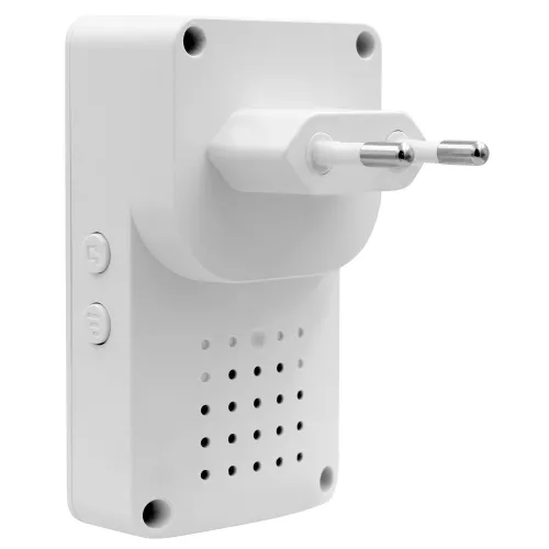 Bezprzewodowy dzwonek Eura WDP-50A3 w kolorze białym z widoczną wtyczką do gniazdka. Urządzenie posiada otwory wentylacyjne i dwa przyciski z boku obudowy.