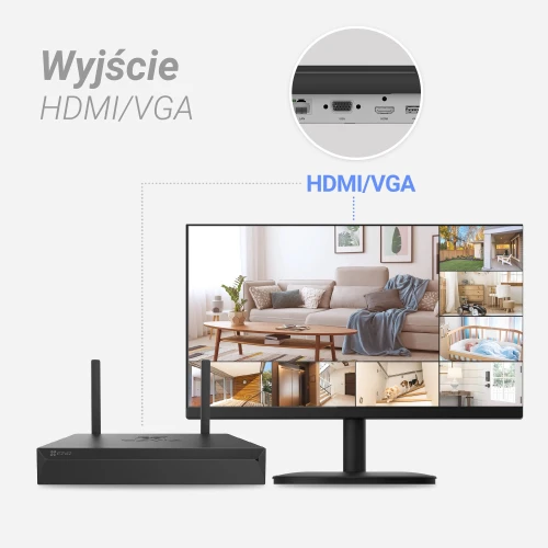 Na zdjęciu znajduje się rejestrator IP Ezviz X5S-8W z anteną, obok którego widoczny jest monitor wyświetlający obraz z kamer w różnych pomieszczeniach. W górnej części zdjęcia znajduje się powiększenie złącz HDMI/VGA rejestratora.