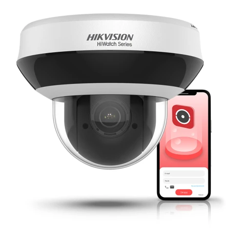Na zdjęciu znajduje się kopułkowa kamera monitoringu Hikvision z serii HiWatch, obok której widoczny jest smartfon z aplikacją do zarządzania kamerą. Kamera ma biało-czarną obudowę, a aplikacja na ekranie telefonu pokazuje interfejs logowania.