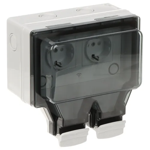 Podwójne inteligentne gniazdo elektryczne z przezroczystą osłoną ochronną, przystosowane do montażu na zewnątrz. Urządzenie posiada dwa wejścia i jest kompatybilne z systemem Tuya Smart.