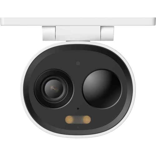 Zbliżenie na kamerę IP Imou Cell 3C AIO z widocznymi obiektywami i czujnikami na czarnym tle. Kamera ma okrągły kształt z białą obudową.