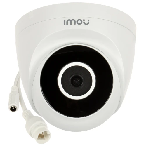 Kamera IP Imou IPC-T22EP Wi-Fi Turret SE w kolorze białym, wyposażona w obiektyw 2.8 mm i oferująca rozdzielczość 1080p. Posiada złącza do zasilania i sieci Ethernet, co umożliwia łatwą instalację i konfigurację.
