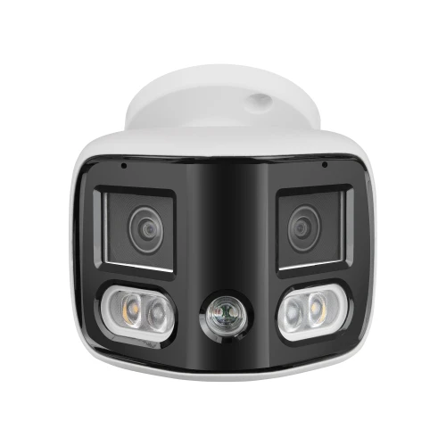 Kamera kopułowa IP o rozdzielczości 8MPX z czarnym frontem i białą obudową. Posiada cztery obiektywy oraz cztery diody LED rozmieszczone symetrycznie.