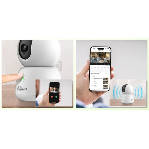 Zdjęcie przedstawia białą, obrotową kamerę IP marki Dahua z funkcją monitoringu, której działanie jest prezentowane na ekranie smartfona. W tle widać interfejs aplikacji mobilnej pokazujący podgląd z kamery oraz opcje zarządzania alarmami.