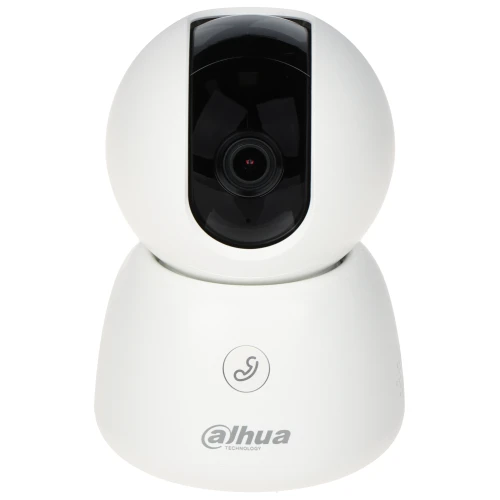 Biała, obrotowa kamera IP marki Dahua z czarnym panelem przednim, na którym znajduje się obiektyw. Na podstawie kamery widoczne jest logo producenta.