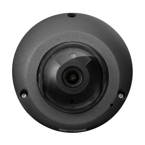 Zdjęcie przedstawia czarną, kopułową kamerę IP o rozdzielczości 2MPx, widzianą z przodu. Kamera ma okrągły kształt z centralnie umieszczonym obiektywem i czterema śrubami montażowymi na obudowie.