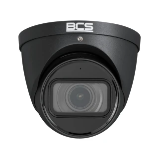 Czarna, kopułowa kamera IP marki BCS z widocznym obiektywem na środku. Kamera ma solidną, metalową obudowę i jest przeznaczona do monitoringu.