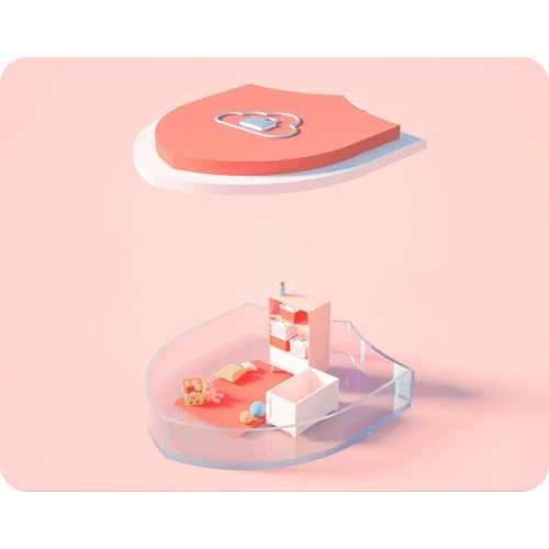 Ilustracja przedstawia stylizowaną, przezroczystą przestrzeń w kształcie kropli, w której znajdują się dziecięce zabawki i meble. Nad nią unosi się różowa pokrywa z symbolem chmurki i serca.