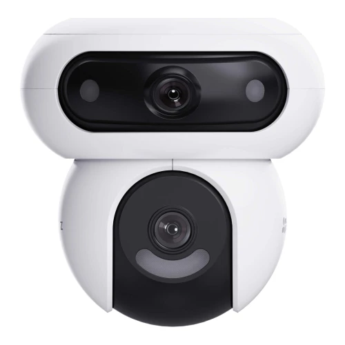 Biała, obrotowa kamera IP Wi-Fi z dwoma obiektywami umieszczonymi w czarnej, poziomej obudowie. Kamera ma nowoczesny design i jest przeznaczona do monitoringu.