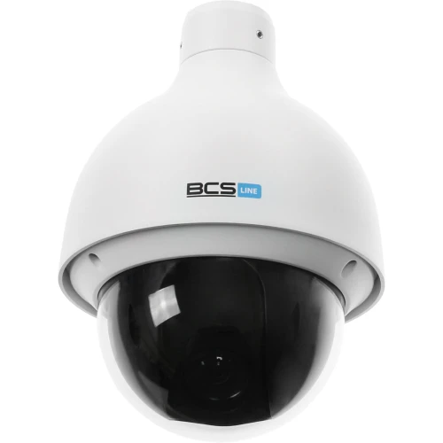 Kamera sieciowa obrotowa BCS Line w białej obudowie z czarną kopułą. Urządzenie przeznaczone jest do monitoringu i zapewnia szeroki zakres widzenia.
