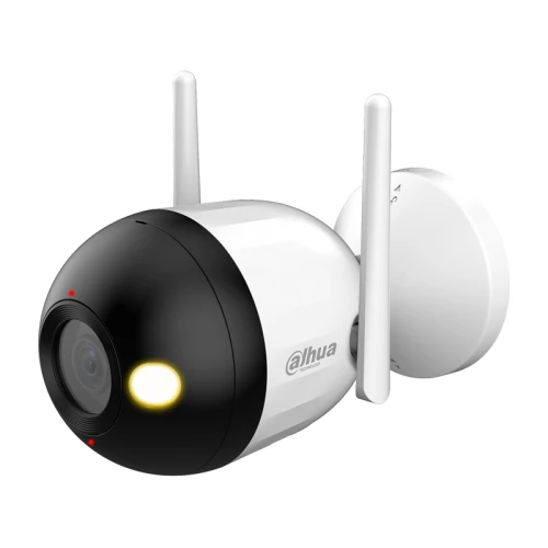 Biała kamera tubowa WiFi z czarnym frontem i dwoma antenami, zamontowana na okrągłej podstawie. Na froncie widoczne są obiektyw, dioda LED i logo producenta Dahua.