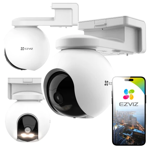 Na zdjęciu znajduje się biała kamera WiFi z własnym zasilaniem, przedstawiona z różnych perspektyw. Obok kamery widoczny jest smartfon z aplikacją EZVIZ na ekranie.
