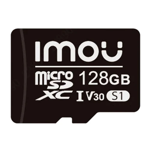 Czarna karta pamięci microSD z białymi napisami, oznaczona jako 128 GB, V30, S1. Widoczne są logotypy "IMOU" oraz "microSD XC".