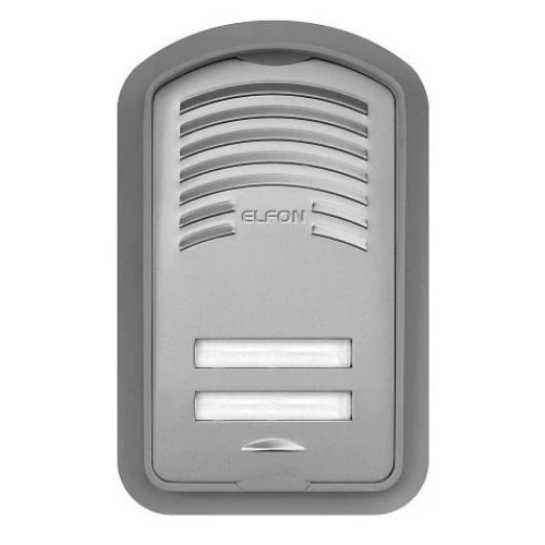 Na zdjęciu znajduje się srebrna kaseta domofonowa z dwoma przyciskami i kratką głośnika. Kaseta ma zaokrąglone krawędzie i jest oznaczona logo "ELFON".