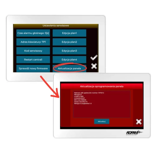 Na zdjęciu widoczne są dwa ekrany dotykowe z interfejsem użytkownika, na których wyświetlane są opcje ustawień serwisowych i aktualizacji oprogramowania panelu. Ekrany mają białe ramki, a na jednym z nich widoczna jest czerwona strzałka wskazująca na przycisk "Aktualizacja panela".