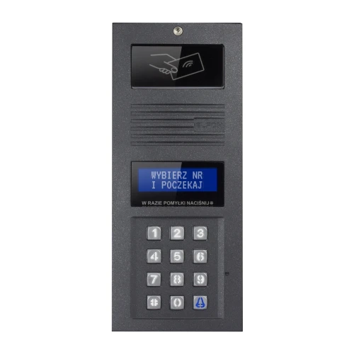 Zdjęcie przedstawia panel domofonowy z klawiaturą numeryczną i wyświetlaczem LCD, na którym widnieje napis "WYBIERZ NR I POCZEKAJ". Na górze panelu znajduje się miejsce na kartę zbliżeniową, oznaczone ikoną dłoni z kartą.