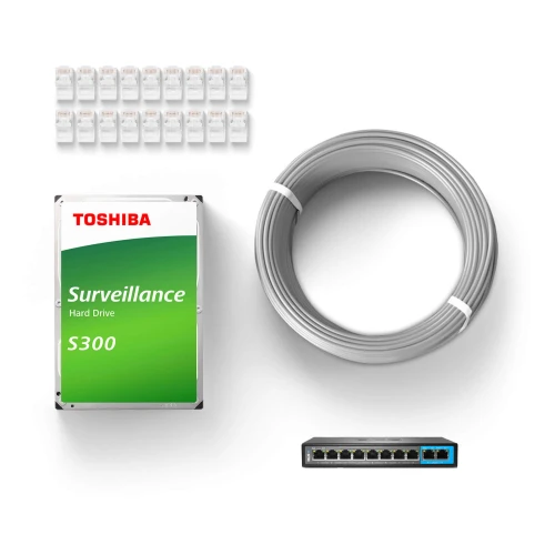 Na zdjęciu znajduje się dysk twardy Toshiba Surveillance S300, szara rolka kabla, przełącznik sieciowy oraz zestaw złączek RJ45. Elementy te są rozmieszczone na białym tle.