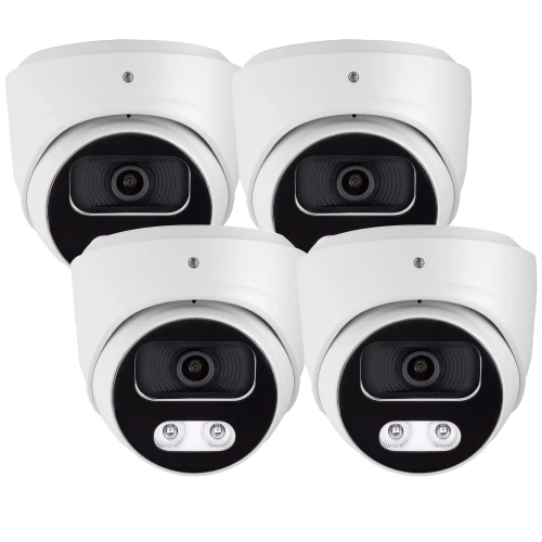 Cztery białe kamery kopułowe ustawione w dwóch rzędach, każda z czarnym obiektywem i dwoma diodami LED. Kamery są identyczne i skierowane w stronę obserwatora.