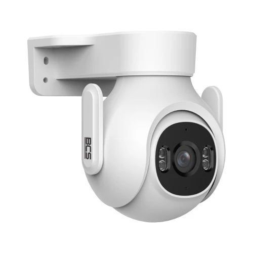 Biała, obrotowa kamera Wi-Fi o nowoczesnym designie, zamontowana na ściennym uchwycie. Posiada czarny panel z obiektywem i diodami LED.