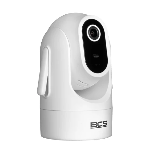 Biała, obrotowa kamera wewnętrzna z czarnym panelem frontowym i logo BCS na podstawie. Kamera ma nowoczesny, zaokrąglony design i jest przeznaczona do monitoringu wewnętrznego.