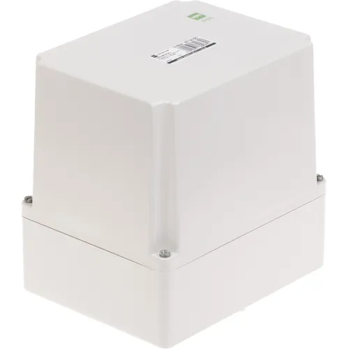 Prostokątna, biała obudowa hermetyczna z zaokrąglonymi krawędziami i metalowymi śrubami na rogach. Na górnej powierzchni znajduje się etykieta z kodem kreskowym.