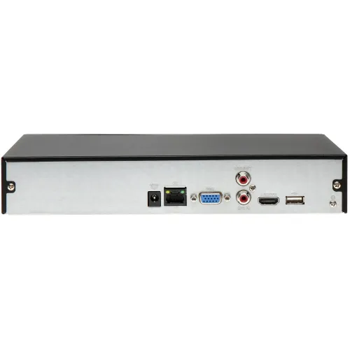 Zdjęcie przedstawia tylny panel urządzenia elektronicznego z różnymi portami, w tym złączami HDMI, VGA, USB, audio oraz zasilania. Panel ma metaliczną obudowę z czarną górną częścią i jest wyposażony w śruby montażowe po bokach.