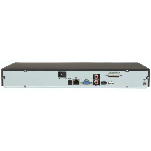 Panel tylny urządzenia elektronicznego z różnymi portami, w tym VGA, HDMI, USB i złączami audio. Widoczny jest również włącznik zasilania oraz gniazdo zasilania DC.