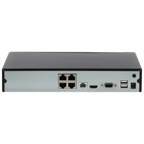 Panel tylny urządzenia z kilkoma portami, w tym czterema portami Ethernet, portem HDMI, portem szeregowym, dwoma portami USB oraz gniazdem zasilania. Obudowa jest w kolorze czarnym i srebrnym.