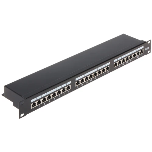 Czarny patch panel RJ-45 z 24 portami, oznaczony kategorią Cat 6. Produkt posiada numerowane porty i jest przeznaczony do montażu w szafie rackowej.