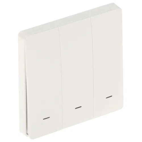 Potrójny inteligentny przełącznik światła w białym kolorze z trzema oddzielnymi przyciskami. Minimalistyczny design z delikatnymi liniami na każdym przycisku.