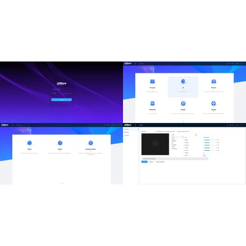 Zrzut ekranu przedstawia interfejs użytkownika systemu Dahua z różnymi opcjami menu, takimi jak "Kamera", "System" i "Nagrywanie". Na ekranie widoczne są także szczegóły konfiguracji kamery oraz opcje bezpieczeństwa.