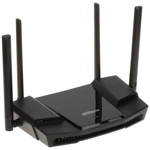Czarny router Dahua AX18 z czterema antenami, obsługujący Wi-Fi 6. Urządzenie ma nowoczesny design z błyszczącym wykończeniem na górnej powierzchni.