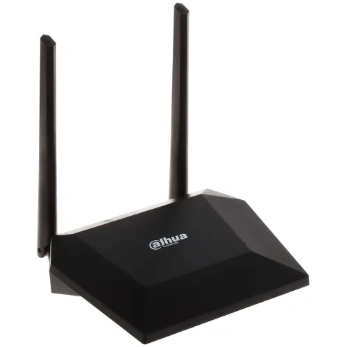 Czarny router WiFi Dahua z dwiema pionowymi antenami. Urządzenie ma nowoczesny, geometryczny design z logo Dahua na górze.
