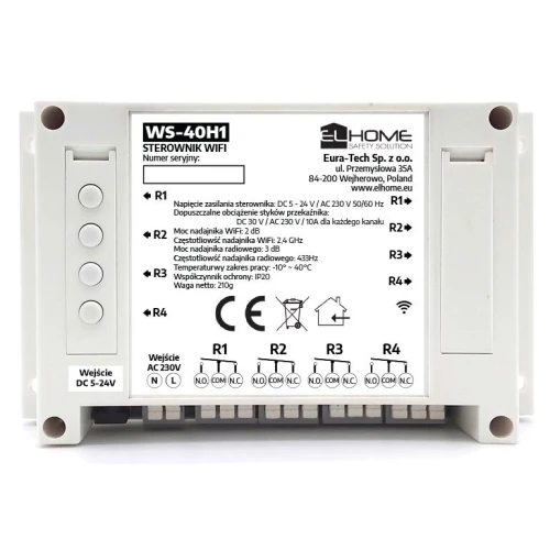 Sterownik WiFi i RF 433 MHz marki Eura-Tech, model WS-40H1, przeznaczony do zdalnego sterowania urządzeniami elektrycznymi. Urządzenie posiada wejścia DC 5-24V oraz wyjścia przekaźnikowe, a także obsługuje sieci WiFi i RF.