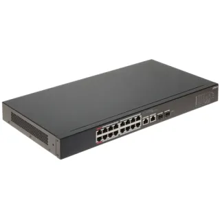 Czarny switch sieciowy z 16 portami Ethernet i dodatkowymi portami SFP na przednim panelu. Urządzenie ma prostokątny kształt i jest przeznaczone do montażu w szafie rackowej.