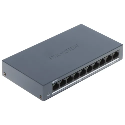 Na zdjęciu znajduje się 8-portowy switch PoE marki Hikvision w kolorze czarnym, z widocznymi portami sieciowymi na przednim panelu. Urządzenie ma prostokątny kształt i logo Hikvision na górnej powierzchni.